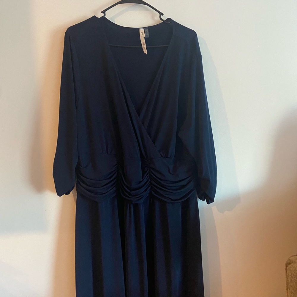 Navy blue, low cut long-sleeved plus sized dress